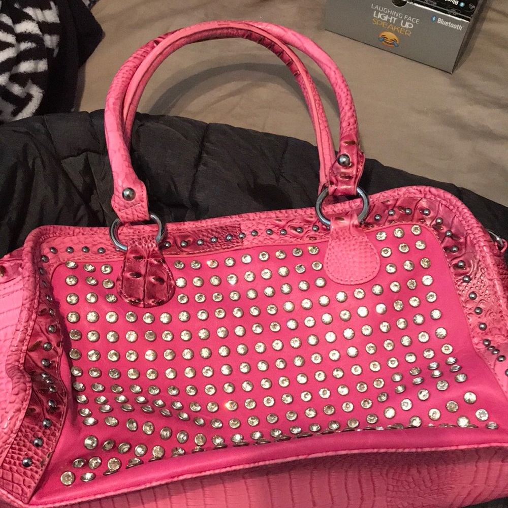 Alligator pink skin purse with stud rhinestone
